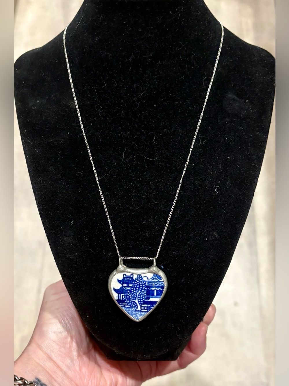 Vintage Chinese Blue & White Porcelain Heart Pendant Necklace 18” Handmade